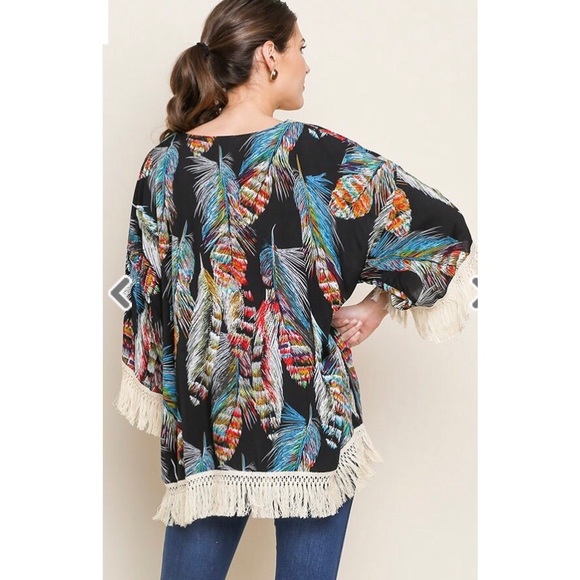 Feathered Print Open Front Kimono with Fringe Trim - Picture 3 of 3